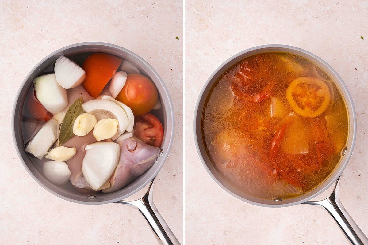 Chicken thighs, chopped veggies and water in a pot, followed by the chicken thighs and veggies in a pot after boiling.