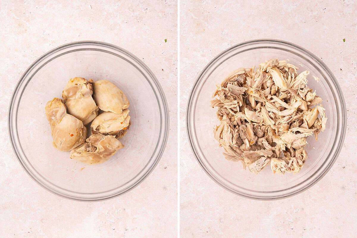 Cooked chicken thighs in a bowl, followed by shredded chicken thighs in a bowl.