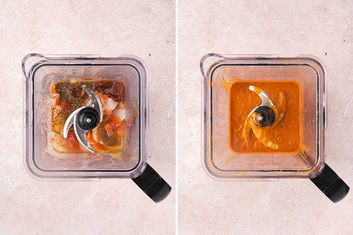 Chicken tinga sauce ingredients in a blender, followed by chicken tinga sauce in a blender.