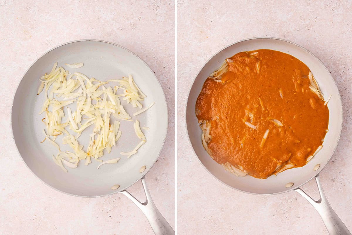Sliced onions in a skillet, followed by onions and chicken tinga sauce in a skillet.