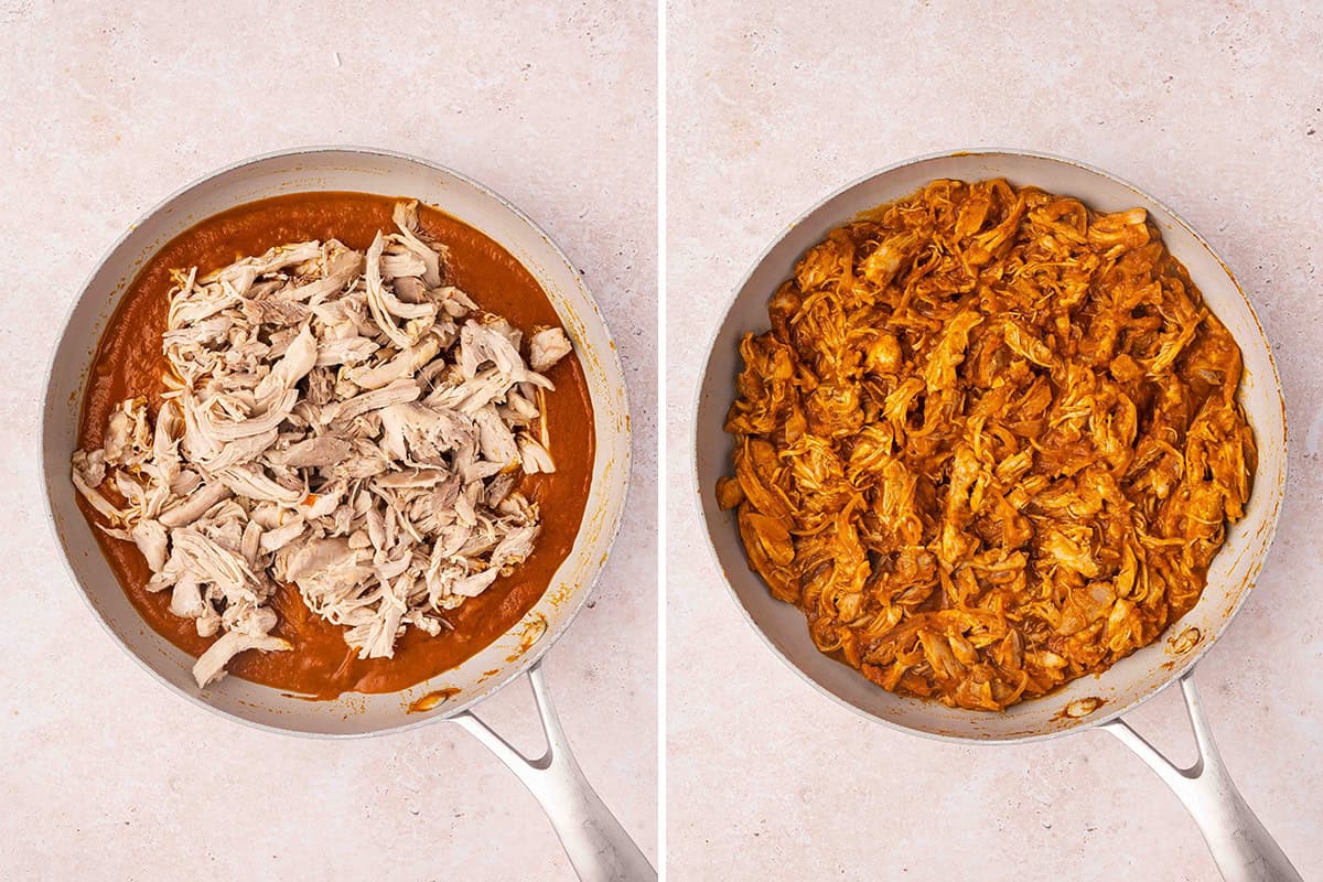 Chicken added to sauce in a skillet, followed by a skillet filled with chicken tinga.