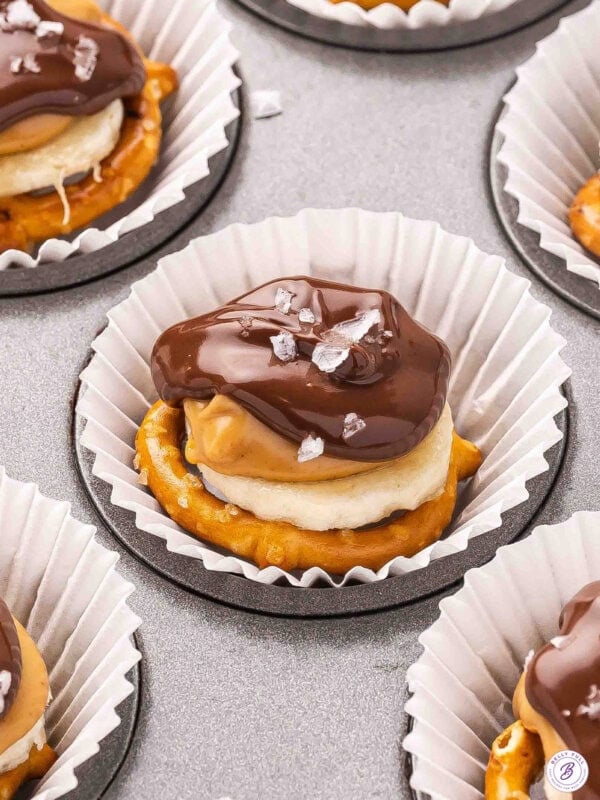Side view of chocolate pretzel banana bites.