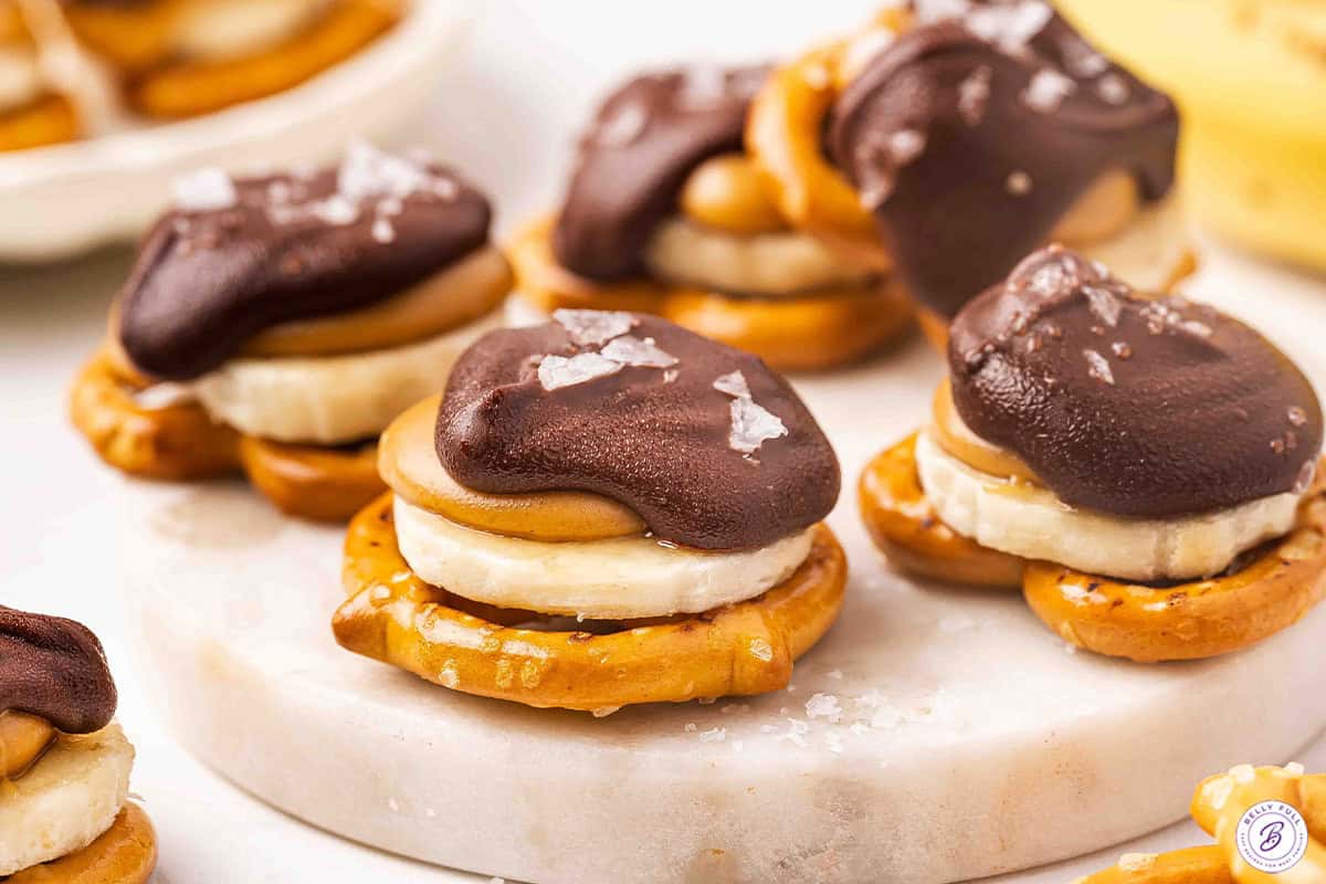 Side view of chocolate pretzel banana bites.