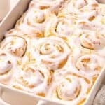 Front view of a dish of homemade lemon sweet rolls.