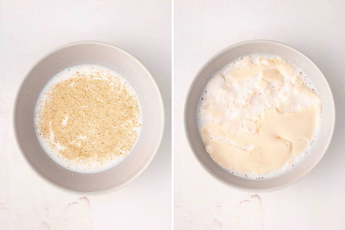 Yeast in a bowl with warm milk, followed by a bowl of foaming yeast and warm milk.