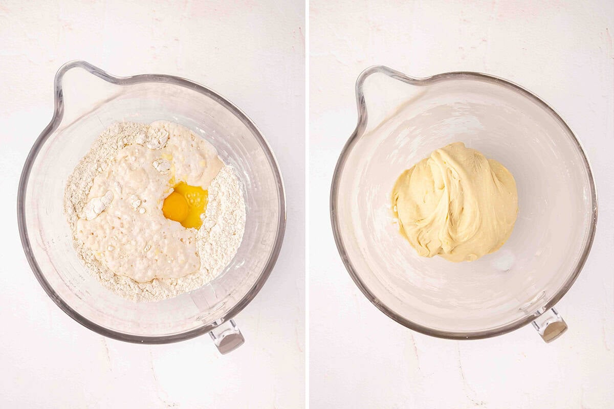 Flour, milk and eggs in a jug, followed by a lemon dough in a jug.