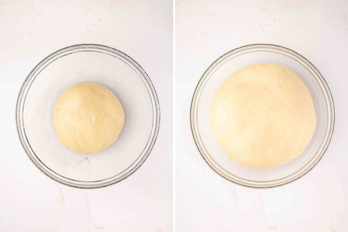 Lemon roll dough in a bowl before and after rising.