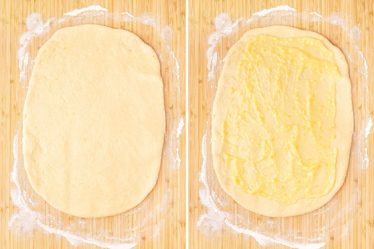 Overhead view of lemon sweet roll dough rolled out, followed by the same dough topped with lemon curd.