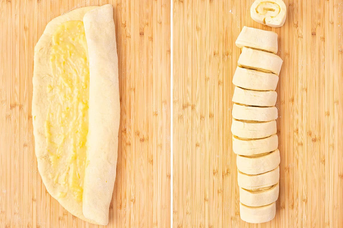 Lemon sweet roll dough halfway rolled up, followed by the dough sliced into rounds.