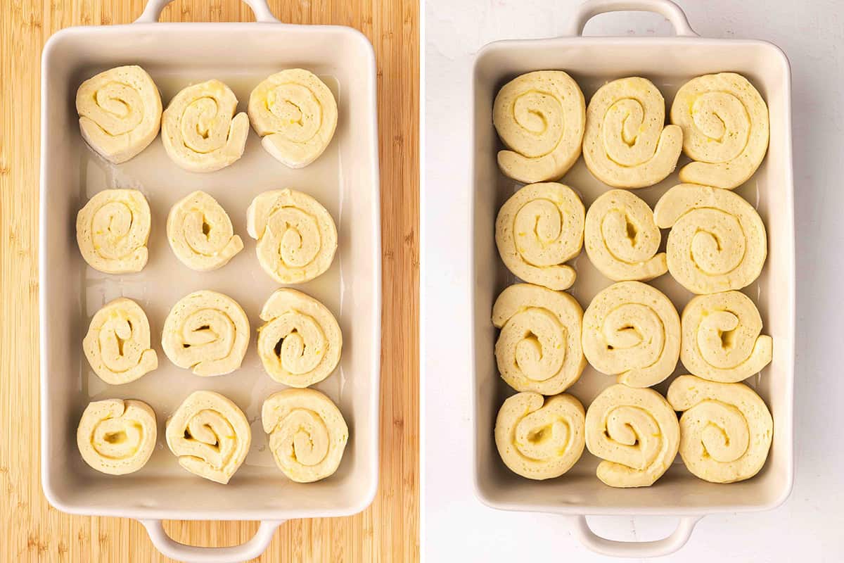 Lemon roll dough in a casserole dish before and after rising.