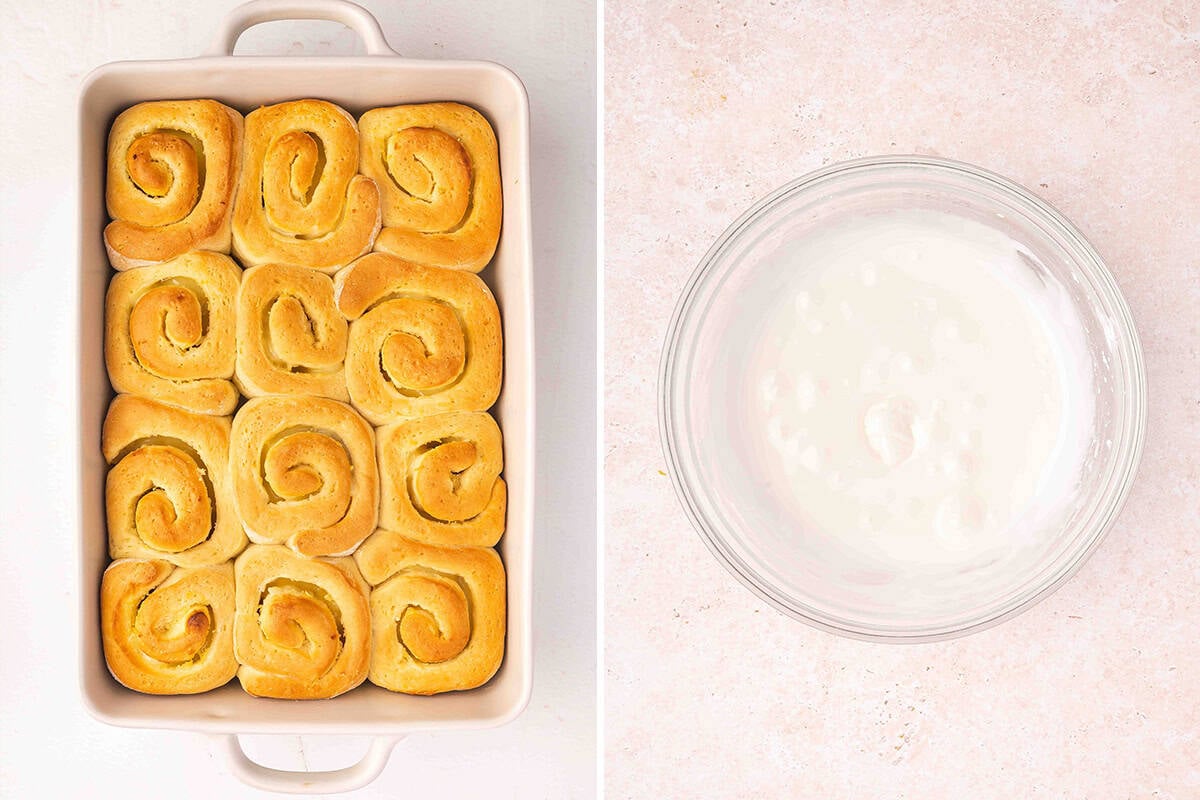 Overhead view of freshly baked lemon sweet rolls in a baking dish, followed by a bowl of lemon glaze.
