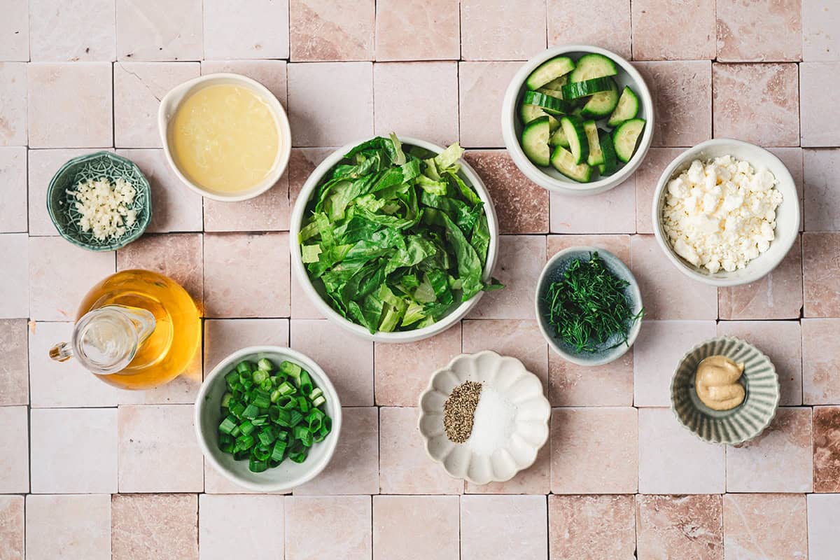 The ingredients to make a Greek lettuce salad (maroulosalata)