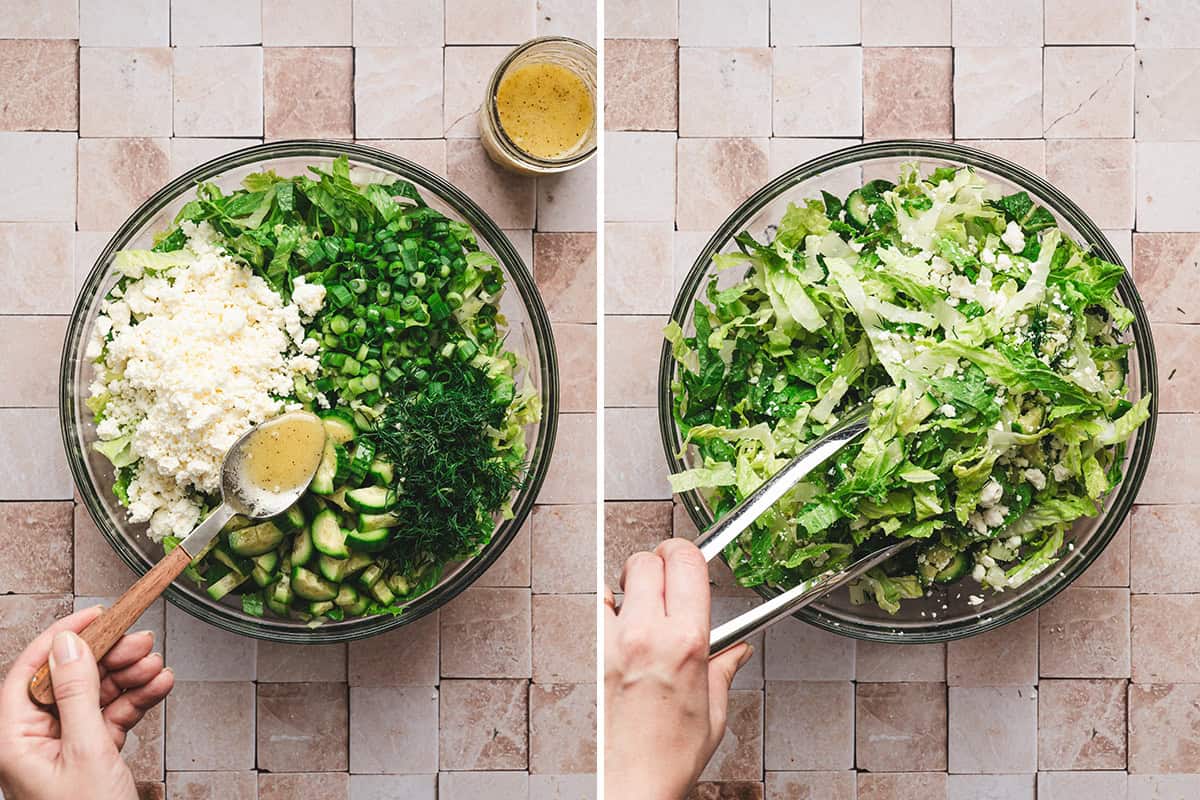 A spoon drizzling dressing over a bowl of maroulosalata, followed by a hand using tongs to mix the salad.