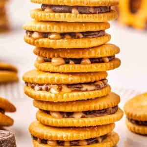 A stack of rolo ritz sandwich cookies.