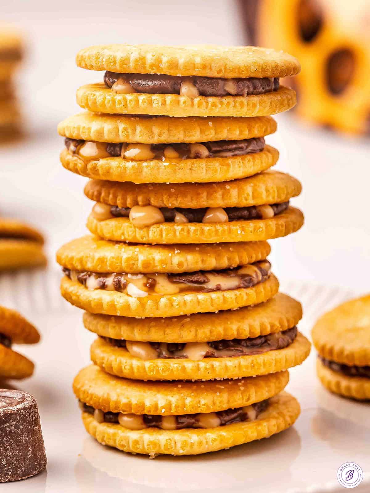 A stack of rolo ritz sandwich cookies.