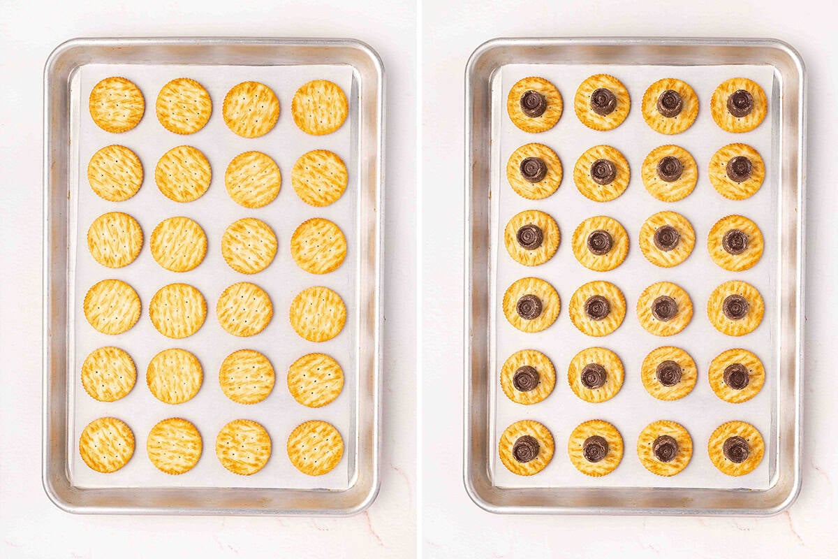 Ritz crackers lay on a baking sheet, followed by a rolo added to each cracker.