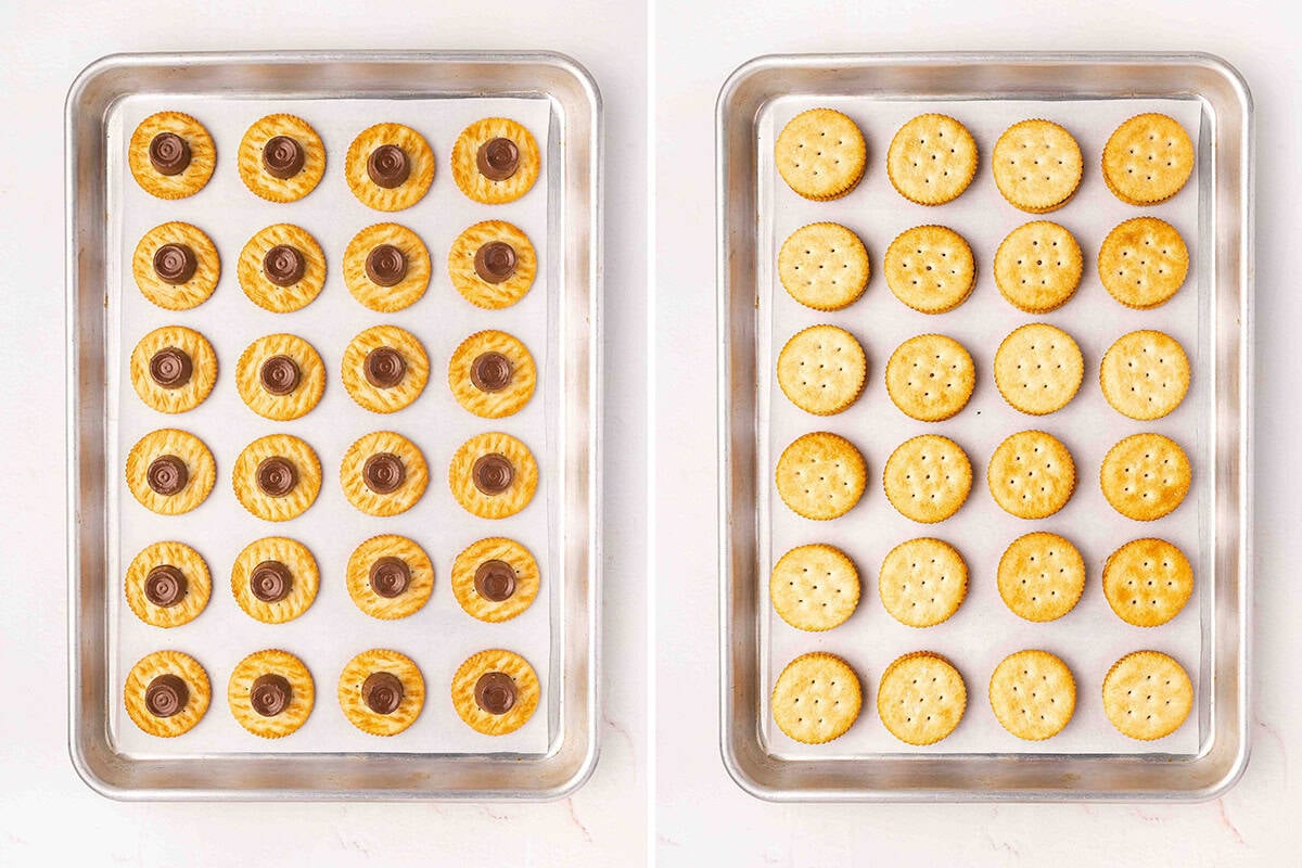 Rolo ritz sandwich cookies before the top cracker is added and after on a baking sheet.