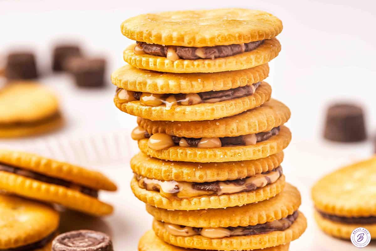 A stack of rolo ritz sandwich cookies.