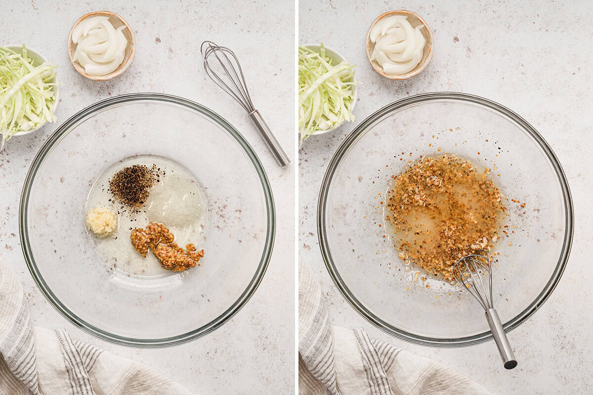 olive oil, mustard, and seasonings mixed together in bowl