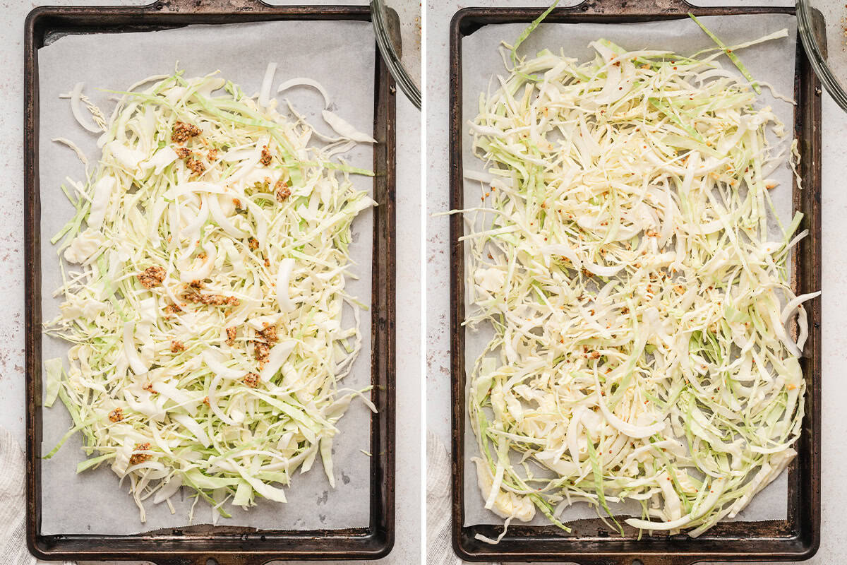 shredded cabbage on baking sheet