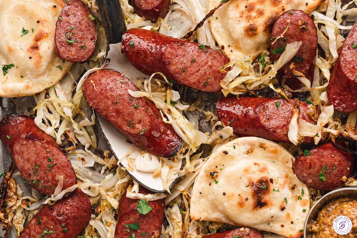 close up Sheet Pan Pierogi and Sausage