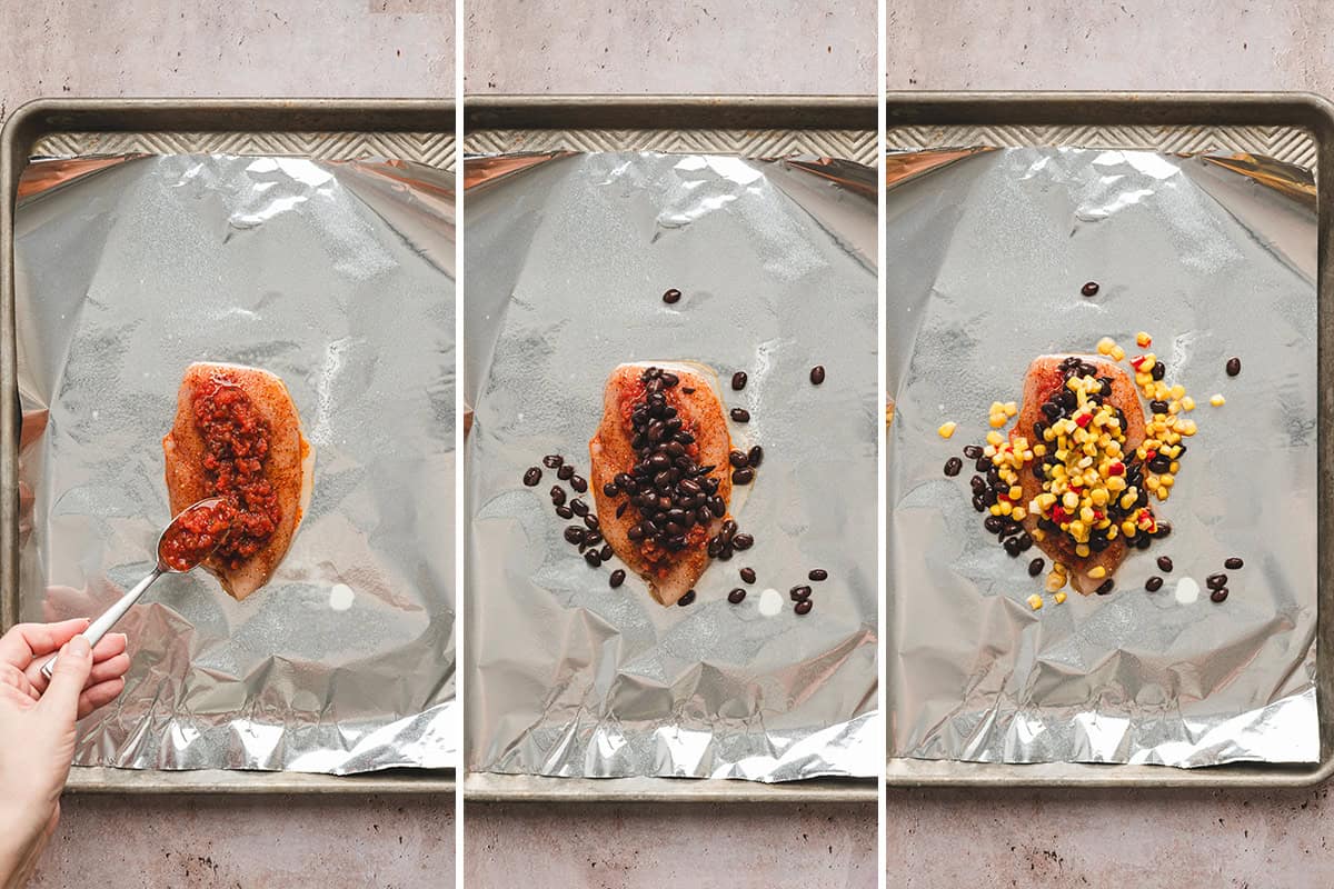 A salsa topped chicken breast, with black beans and mexican corn added.