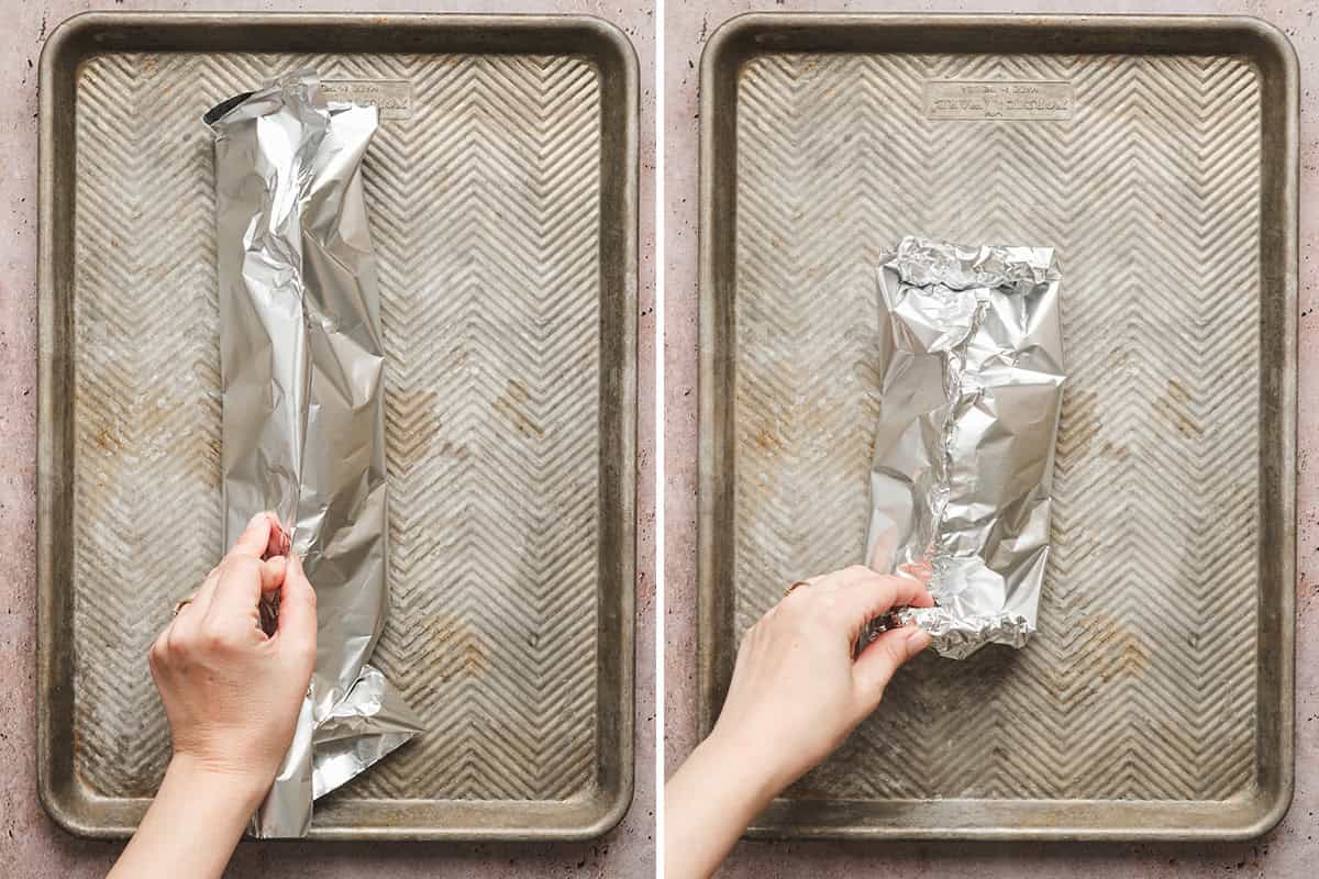 Hands folding a foil packet.