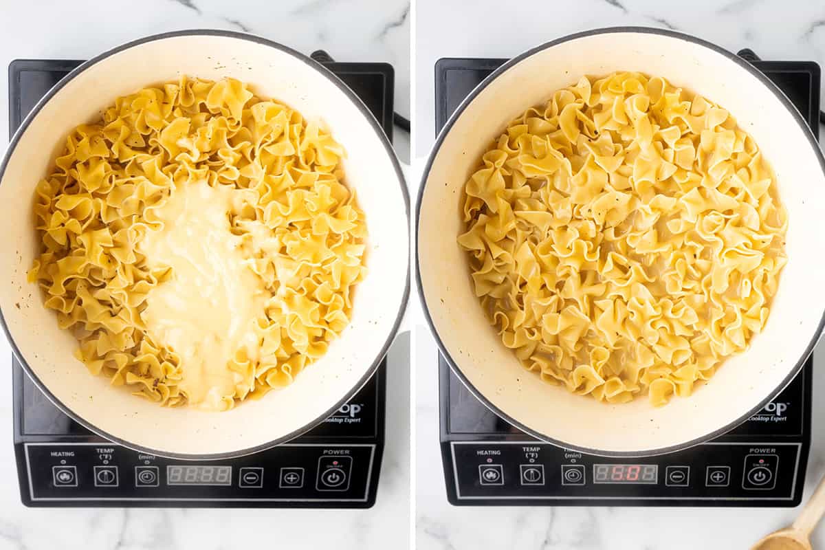 cream of chicken soup being added to cafeteria noodles in pot