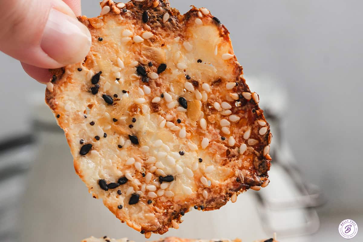 Fingers holding an everything bagel cottage cheese chip.