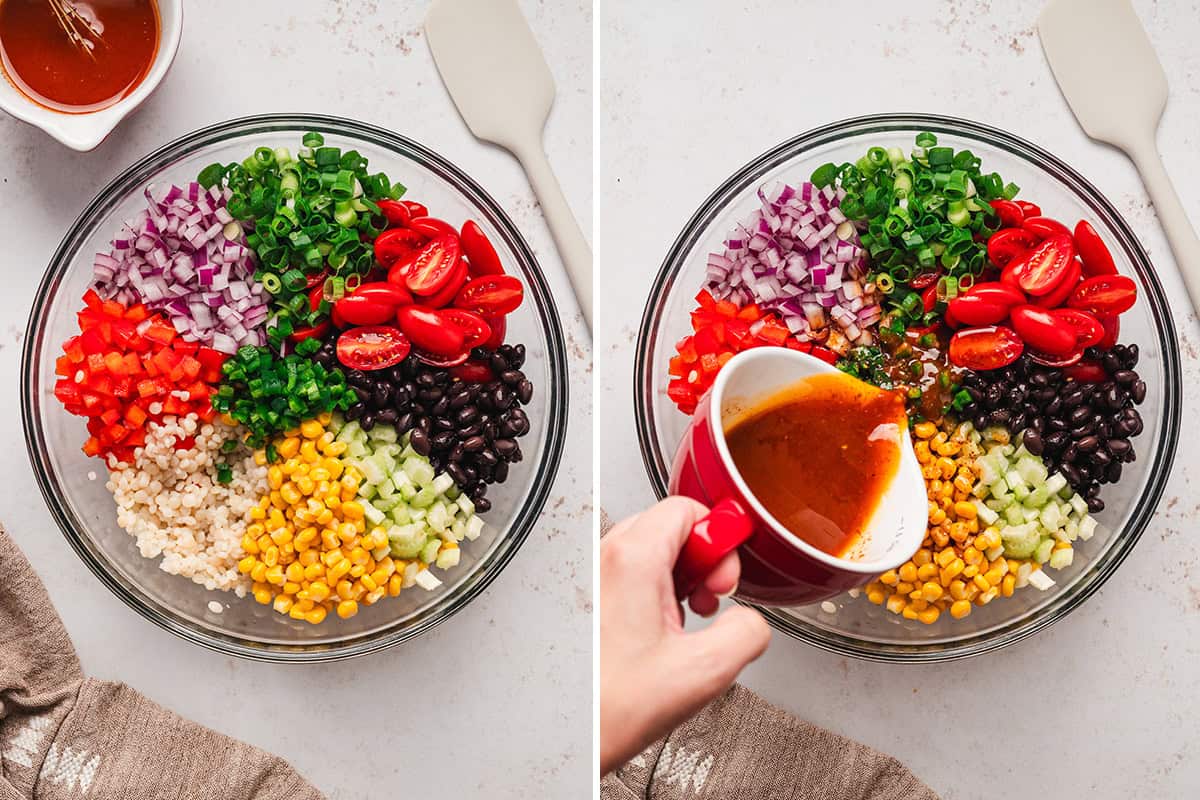 dressing being poured over diced veggies, canned corn, black beans, and couscous