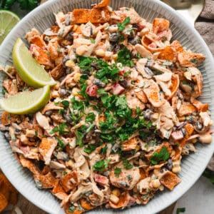 Overhead view of a bowl of cowboy coleslaw.