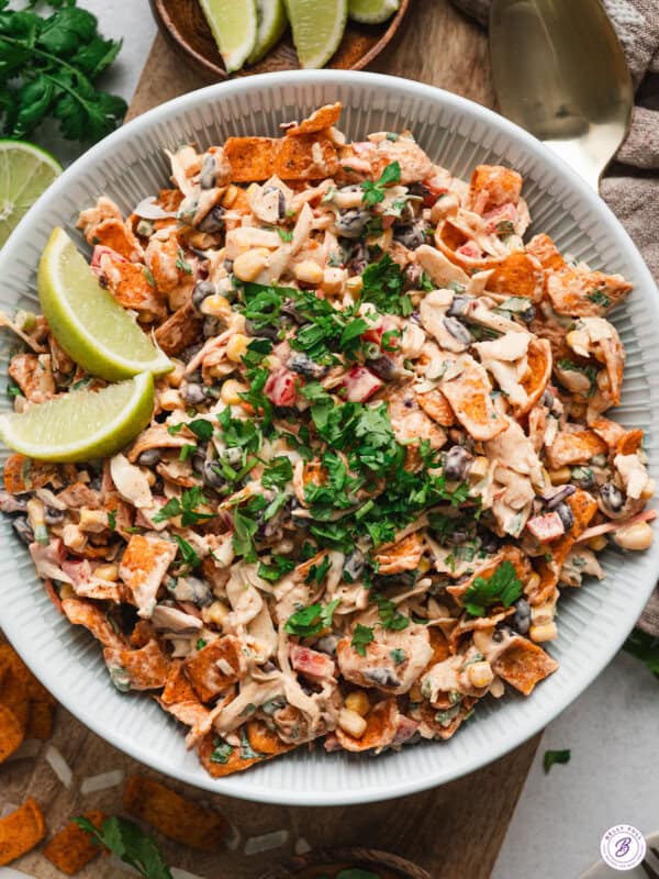 Overhead view of a bowl of cowboy coleslaw.