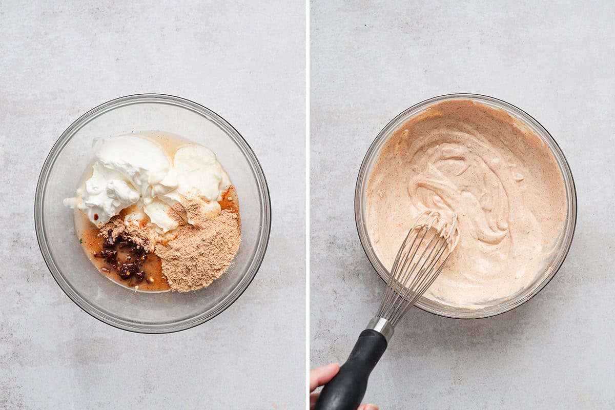 Seasonings and mayonnaise in a bowl, followed by the ingredients being whisked together.