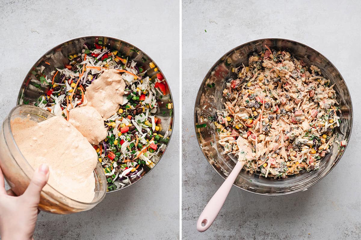 Dressing being poured over the salad ingredients for cowboy coleslaw, followed by the combined coleslaw.