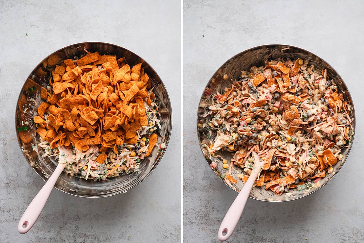 Corn chips added to a bowl of coleslaw, followed by a bowl of the mixed cowboy coleslaw.