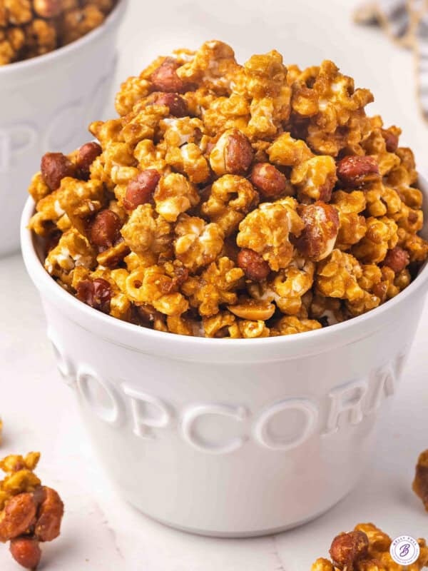 Front view of a bowl of homemade Cracker Jack.