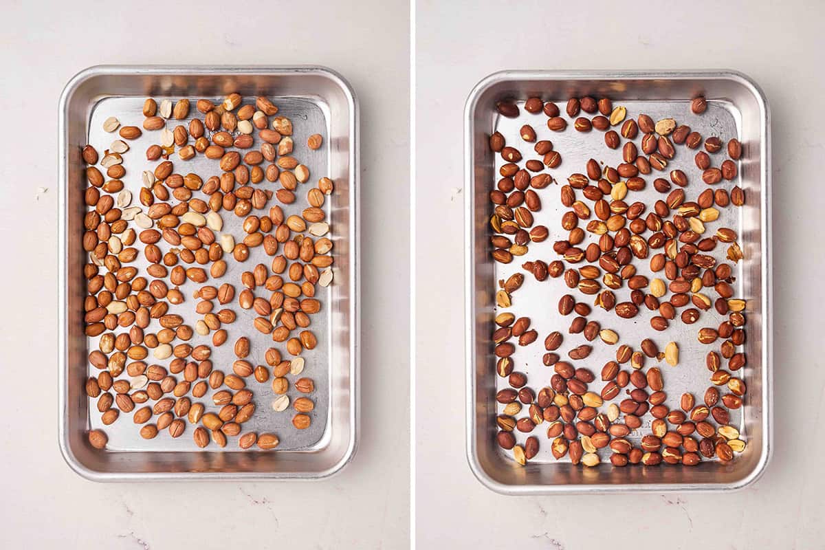 Spanish peanuts on a baking sheet, followed by those same Spanish peanuts after roasting.