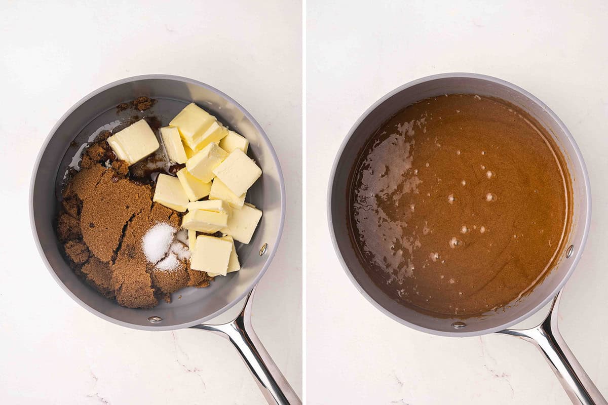 A sauce pan of butter cubes, brown sugar and salt, followed by a saucepan of caramel sauce.