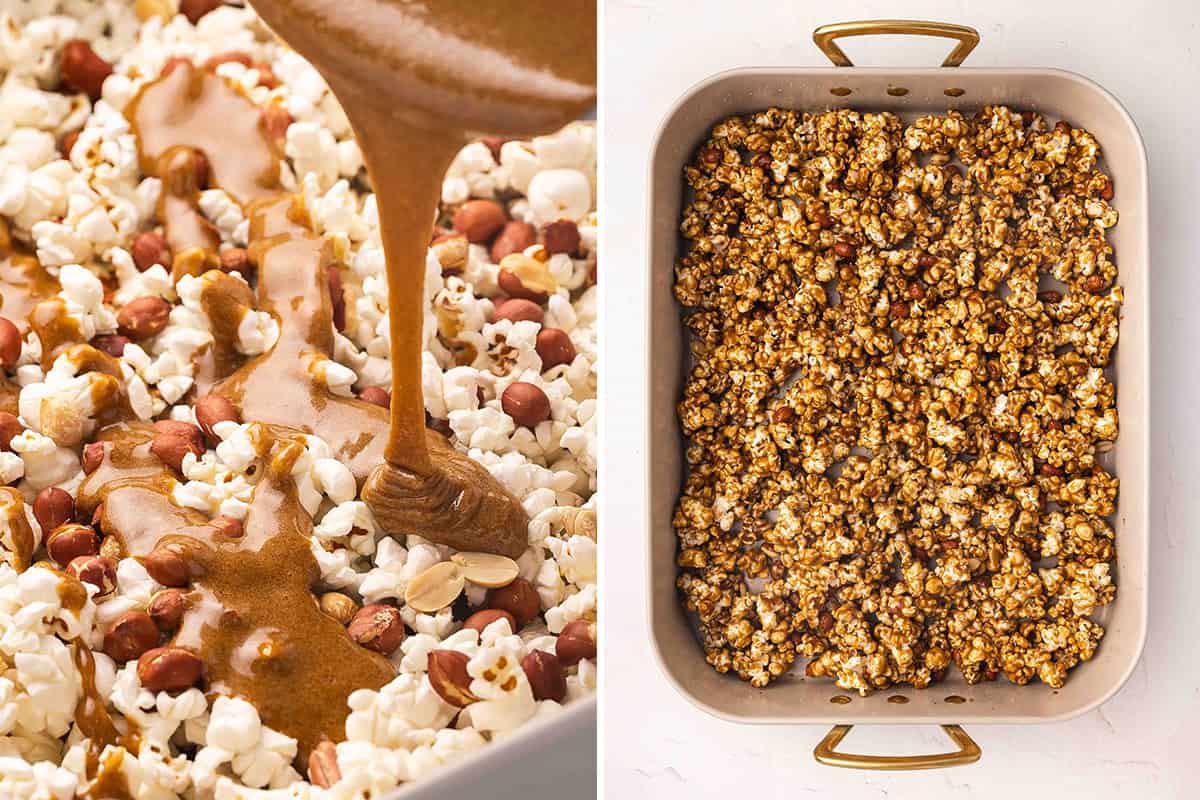 Caramel sauce being poured over popcorn, followed by Cracker Jack on a baking sheet before baking.