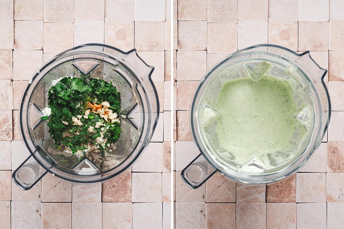 The ingredients to make green goddess dressing in a food processor before and after processing.