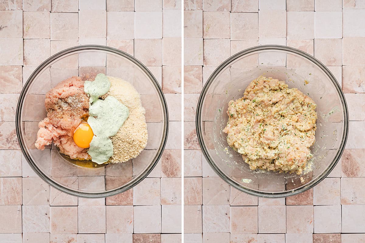 Egg, breadcrumbs, green goddess dressing and ground chicken in a bowl, followed by those ingredients combined together in a bowl.