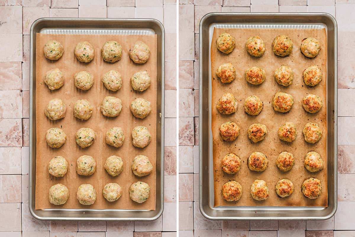 Green goddess meatballs on a baking sheet before and after cooking.