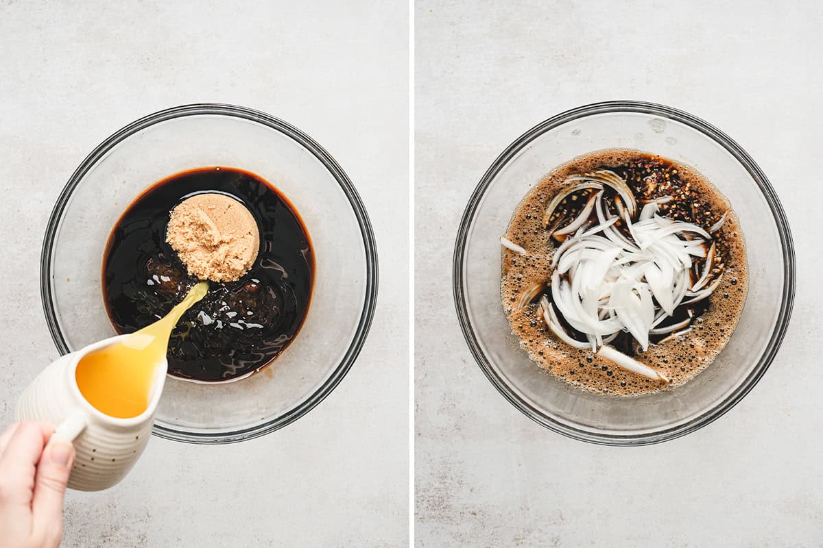 Brown sugar and melted butter added to soy sauce marinade in a glass mixing bowl