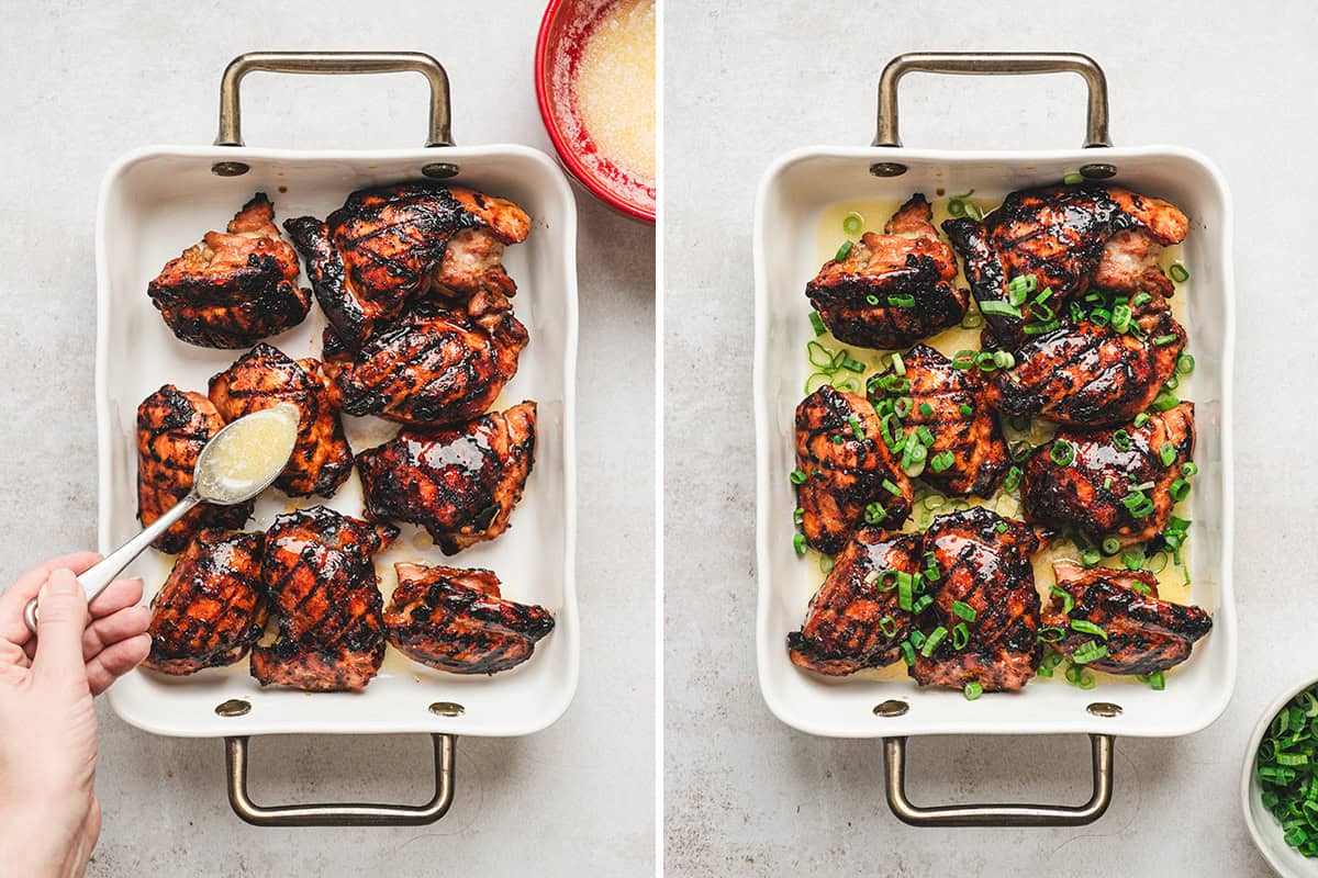 Melted butter poured over grilled Hawaiian chicken thighs before topping with green onions