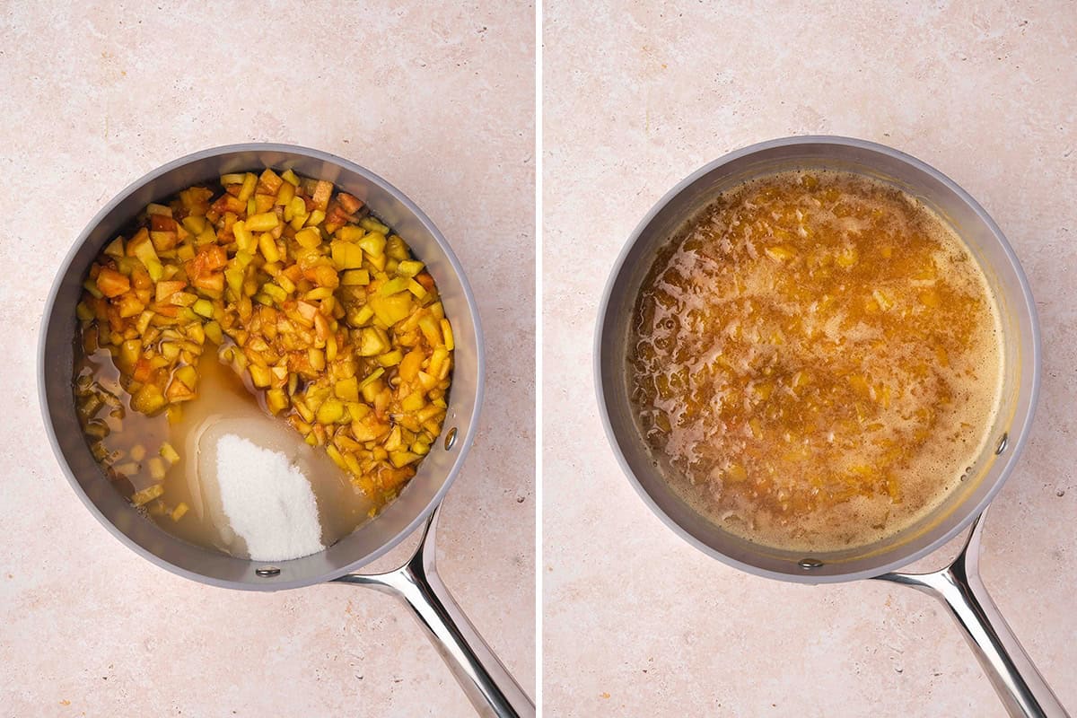 Diced peaches, sugar, and liquid cooking in a saucepan before turning into jam