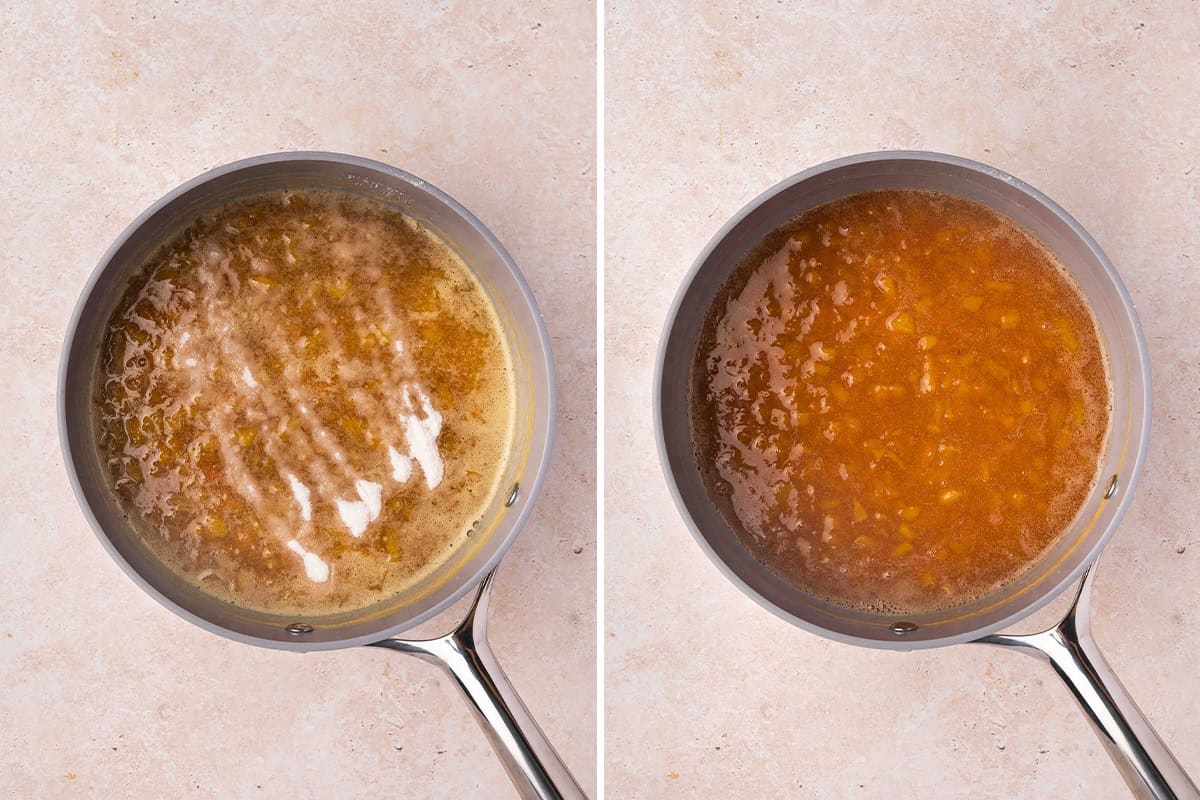 Peach jam simmering in a saucepan after adding pectin
