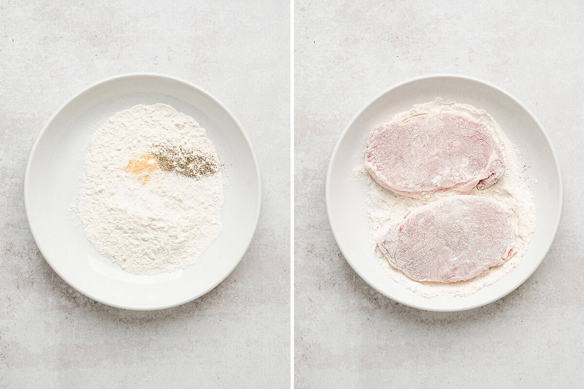 A bowl of flour and seasonings, followed by two pork chops in the same bowl coated in flour.