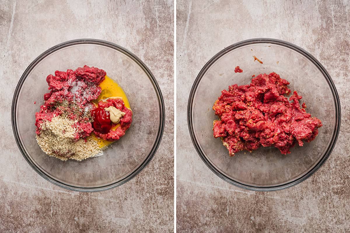 Ground beef, egg, panko breadcrumbs, ketchup, Dijon mustard, and seasonings in a glass bowl before mixing, alongside the fully mixed Salisbury steak mixture.