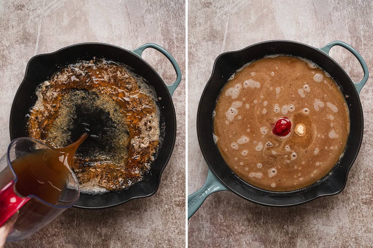 Beef broth being poured into the skillet and whisked together with ketchup and seasonings for the gravy.