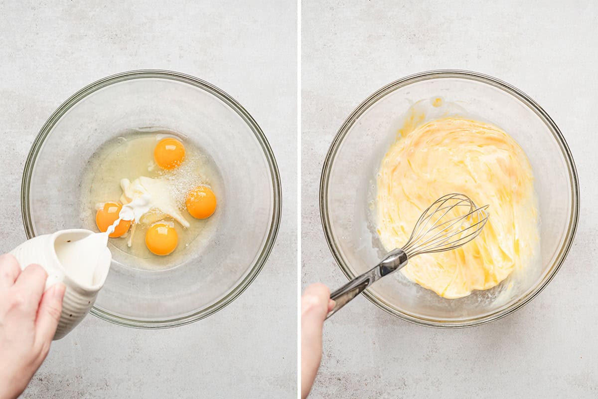 Eggs, half-and-half, and salt in a glass bowl beside fully whisked pale yellow egg mixture.